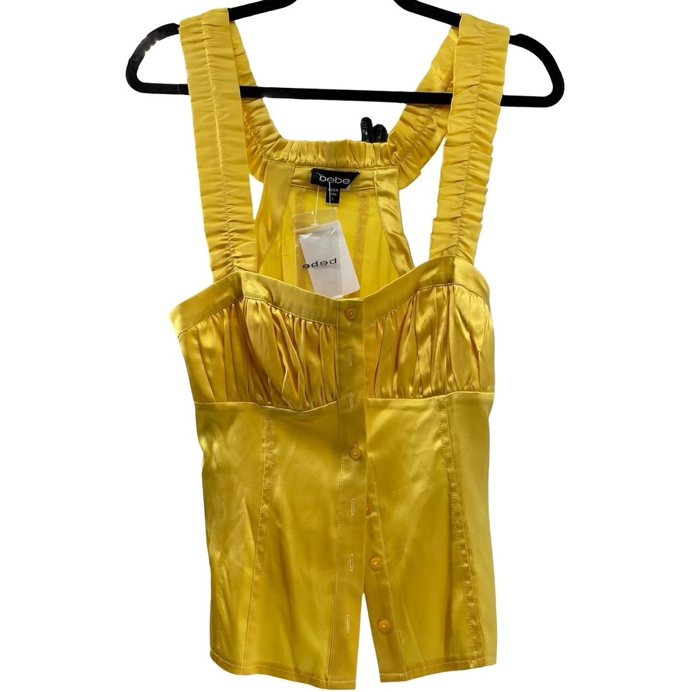 Bebe Women's Corset Top Ruffled Yellow Satin Small